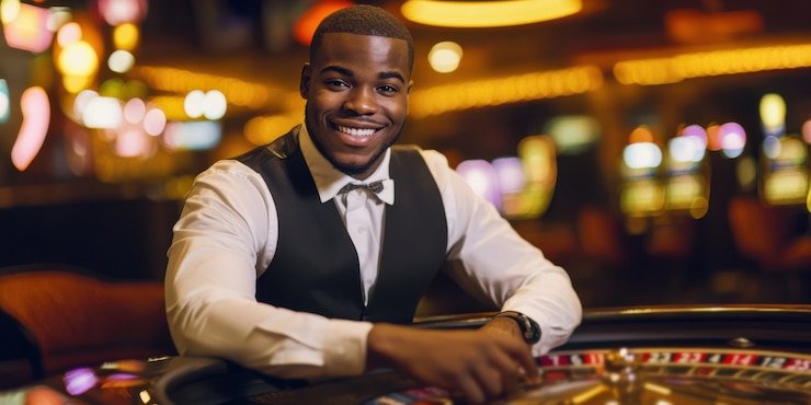 Live blackjack table streamed on mobile phone showing dealer, cards, bet slip, and live-chat panel